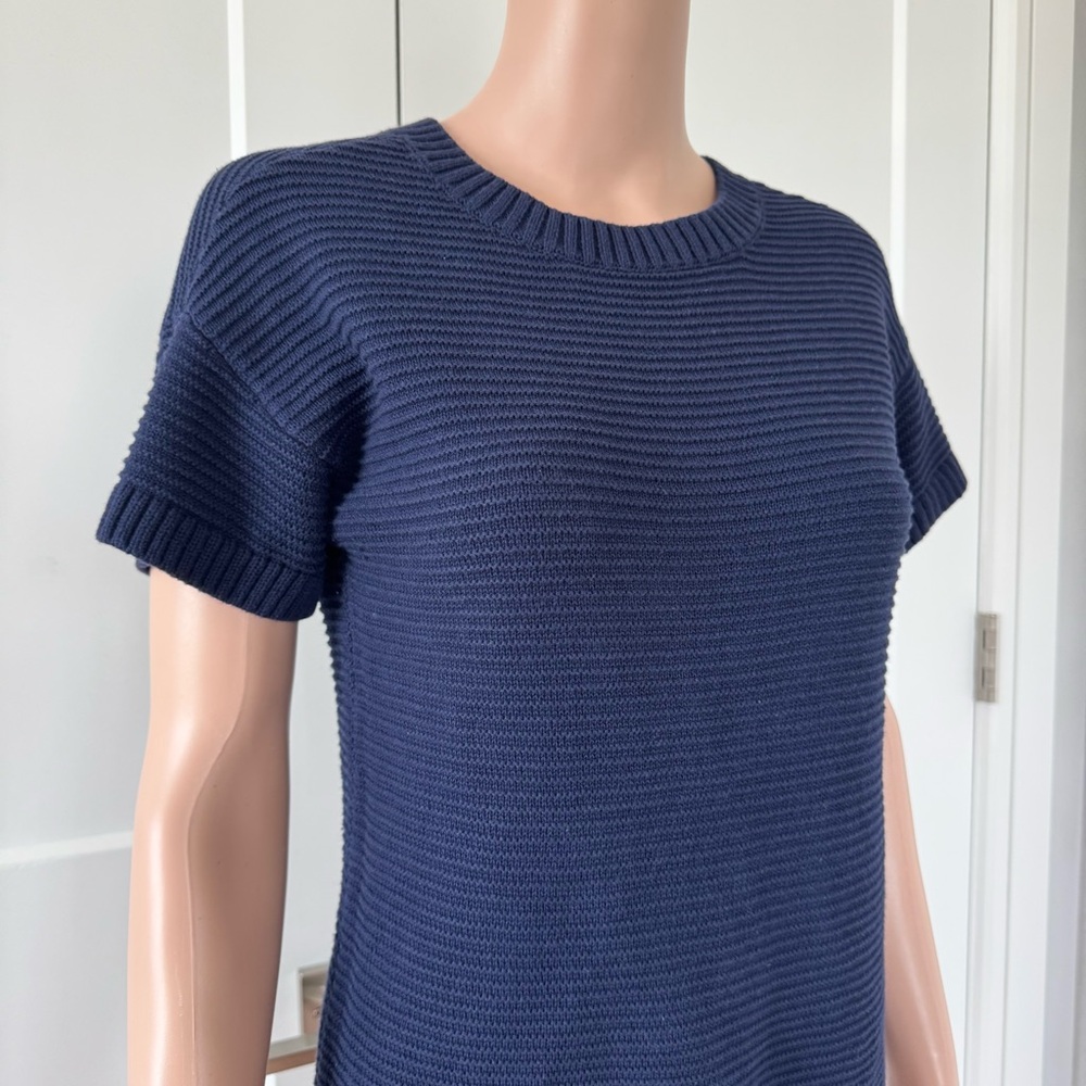 Gap Navy Blue Ribbed Short Sleeves Sweater Tee Top White Tie Strap XSP XS Petite - Picture 2 of 4